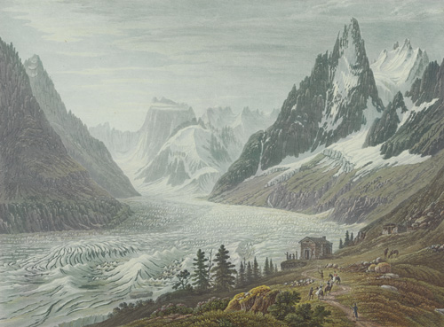 Whymper ist heute auf dem Weg zur&uuml;ck zum Mer de Glace und wird die Nacht im Hotel hoch &uuml;ber dem Gletscher verbringen. Gem&auml;lde von Samuel Birmann.
